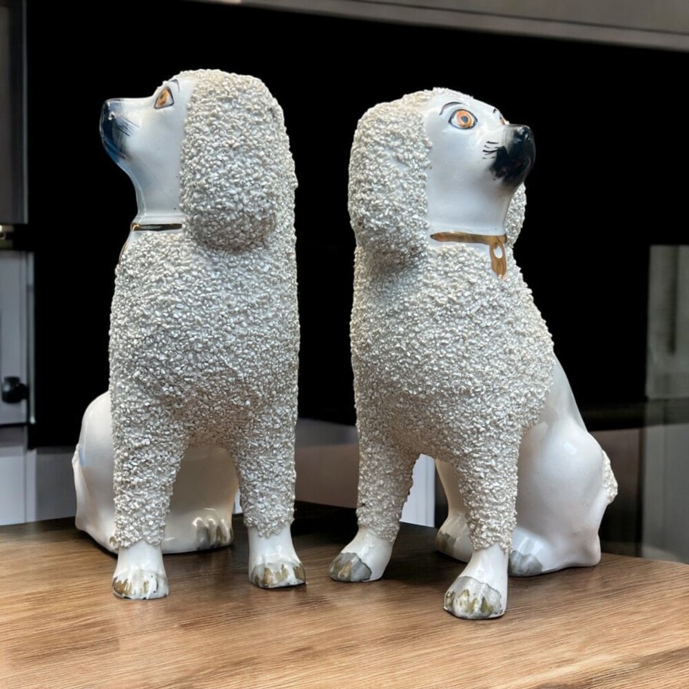 Pair Of Vintage Antique English Staffordshire Poodle Dog Figurines 7 in - Picture 2 of 12